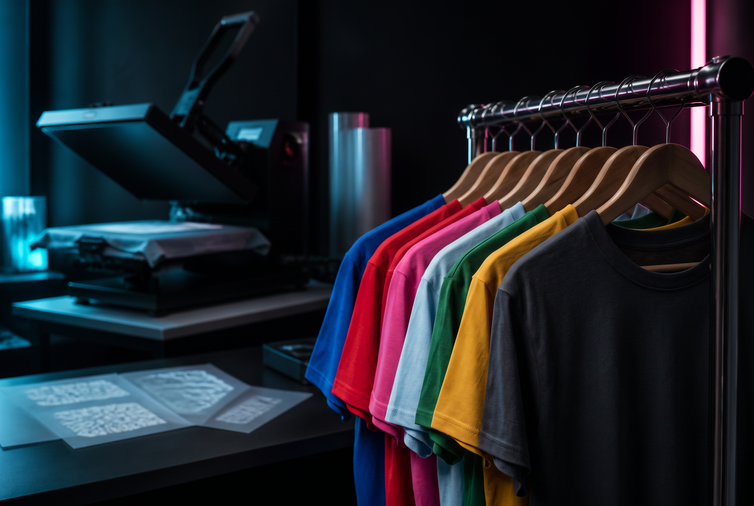 Rack of blank tees beside a heat press and DTF transfer film in the Fresh Inked Apparel print studio